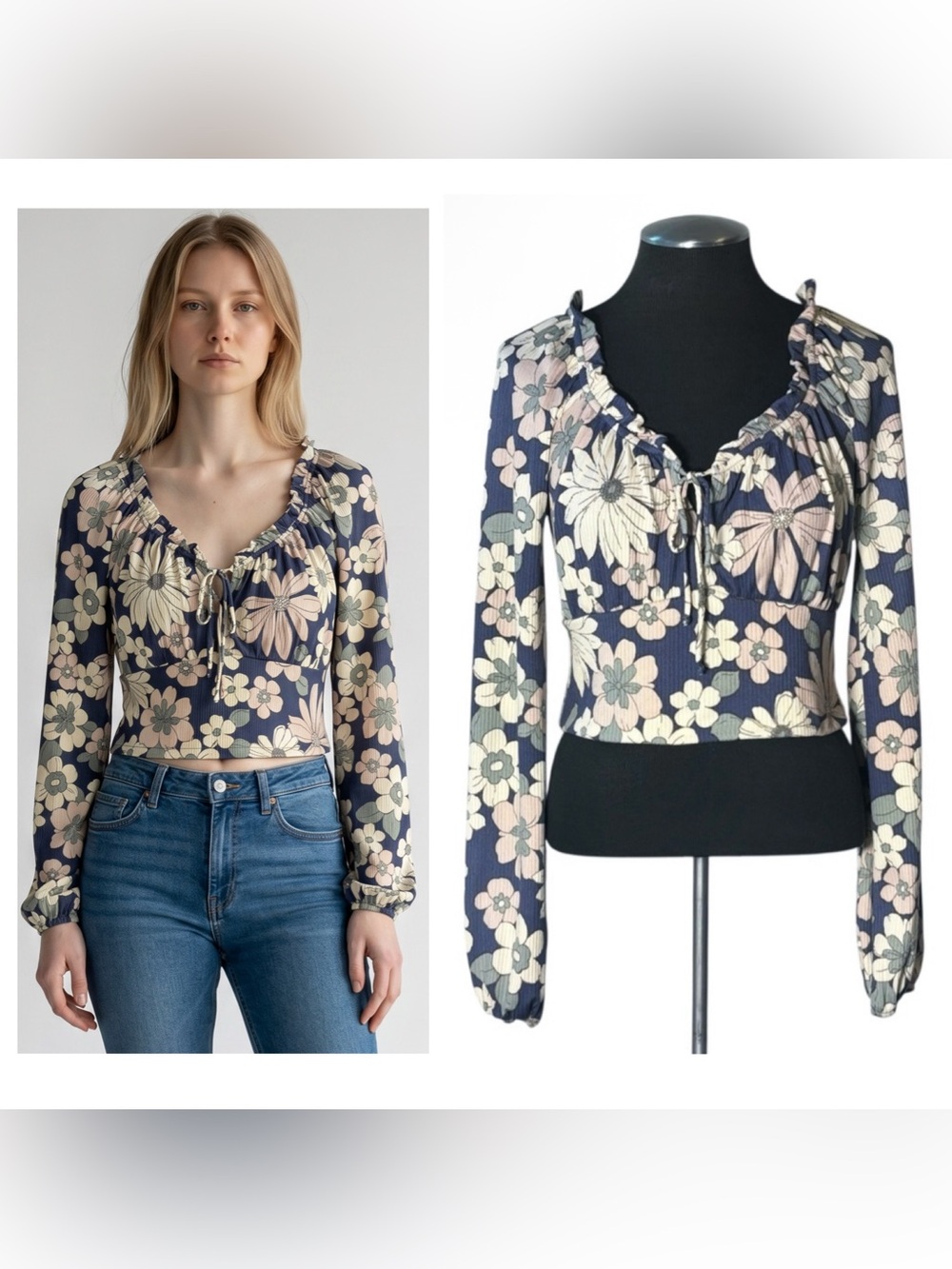 🆕 Lush – Floral Long Sleeve Tie Front Crop Top – Nordstrom – Large